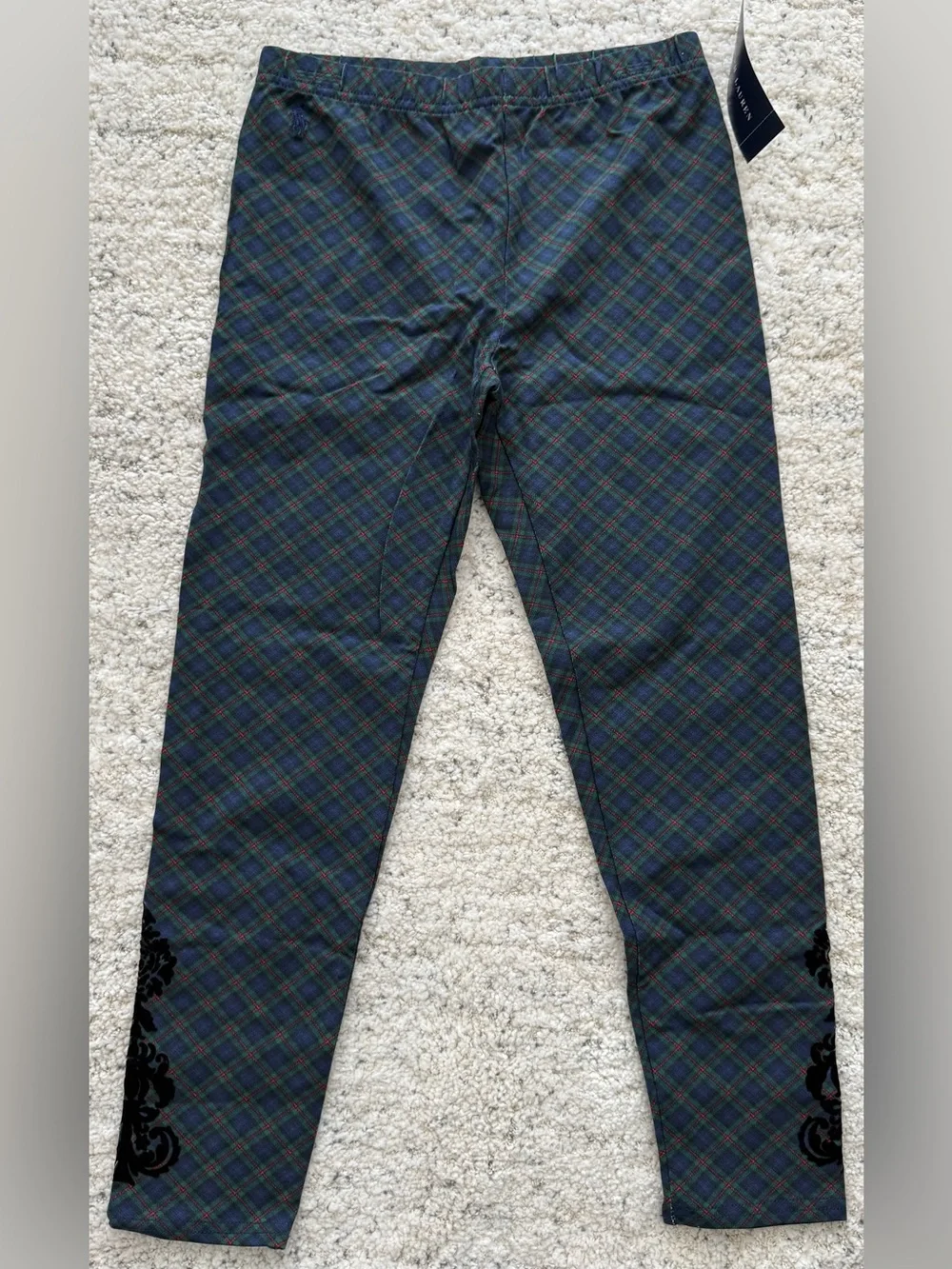 NWT Ralph Lauren Girls Leggings Plaid Navy Green Velvet Trim Size M 8-10 8 10
